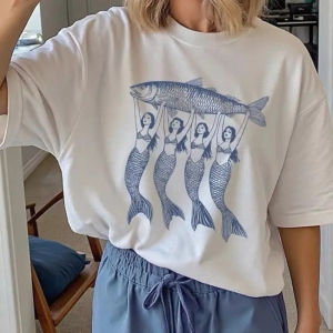 Retro Vintage Fun Graphic Tops Marine Animal Mermaid Print T Shirt Beach Loose Cotton Women T-shirt Short Sleeve Female Clothing
