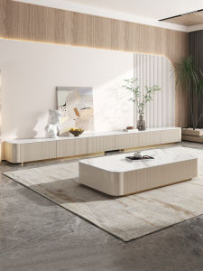 Luxurious Modern Minimalist Ultra-Long Rock Board TV Cabinet Coffee Table Home Use Cream Floor Large Layout Nordic Base