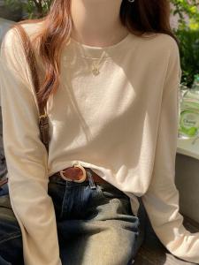 เสื้อยืดคอกลมแขนยาวผู้หญิงสีขาว สไตล์เกาหลี ทรงหลวม ใส่ได้ตลอดปี ฤดูใบไม้ร่วง ฤดูหนาว ฤดูใบไม้ผลิ ฤดูร้อน