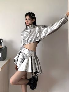 Silver High Waist Drawstring Hoodie Womens DJ Streetwear Hip Hop Jazz Dance Outfit Set Fashionable Performance Clothing
