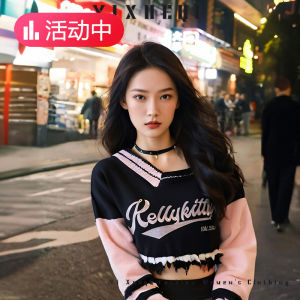 เสื้อสเวตเตอร์คอวีแขนยาวผู้หญิงสั้นปักลายสไตล์อเมริกัน YIXQ ดีไซน์ใหม่ แขนกุด ทรงหลวม ผ้าฝ้ายผสมโพลีเอสเตอร์