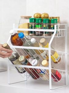 Kệ Đựng Gia Vị Nhà Bếp Đa Năng Không Cần Đục Lỗ Kệ Đựng Chai Nước Sốt Kệ Đựng Gia Vị Metal 3 Lớp Kích Thước 28*18*45cm
