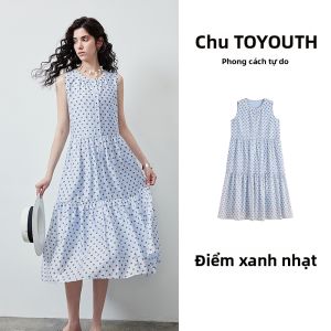 Toyouth | Đầm Voan Tencel In Đốm Trắng Đen Không Tay Vintage