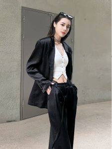 Elegant Acetate Suit Jacket Top And Wide Leg Pants Set for Women Spring Summer Fashion Ensemble High Quality Business Casual Wear