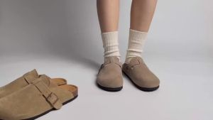 2024Classic Closed Toe Mule Slippers Men with Cork Shoes Boston Clogs Cork Slides Mens Suede Leather Slippers Man