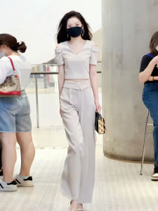 Summer 2025 New Korean Style High Waist Wide Leg Pants Shoulder Bared Short Sleeve Top And Pants Two Piece Set for Young Women