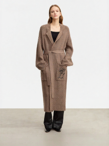 Elegant Winter Peaked Lapel Embroidered Drop Shoulder Wool Cardigan