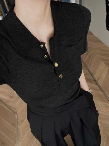 Áo Thun Tay Ngắn Cổ Polo Màu Đen Cao Cấp Cho Nữ Mùa Hè Bằng Lụa Băng Dệt Kim Kiểu Pháp Thanh Lịch Áo Thun Thường Ngày