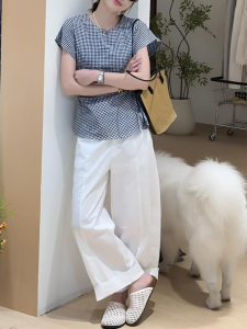 Shalldoer | Fashionable Plaid Summer Shirt And Straight Leg Casual Pants Two Piece Set Womens Round Neck Short Sleeve Sun Protection