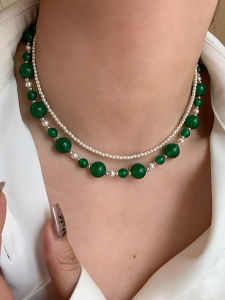 CAFFTI | Natural Green Chalcedony Australian White Pearl Knitted Wear Necklace