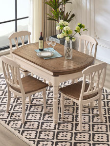 American-Style Solid Wood Dining Tables and Chairs Set Country Retro Small Apartment Retractable Mediterranean Foldable Coffee round Table