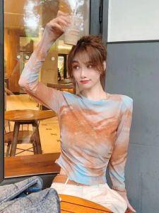 Kaka Womens Dyed Thin Sun Protection Top Summer Trendy round Neck Long Sleeve Pure Color Commute Print Creative Design T-shirt