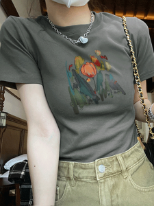 Áo Thun Nữ Tay Ngắn Dáng Ôm Màu Xám Khói Mùa Hè Phong Cách Hàn Quốc in Họa Tiết Hoa Trái Tim Cổ Tròn