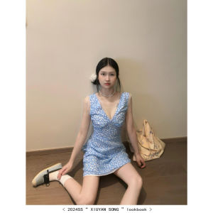Blue Floral V-Neck Vest Dress Womens Slim Fit Summer Sleeveless Waist Cinched Short Skirt Korean Style Streetwear A-Line Skirt