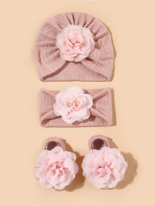 Newborn Flower Hat and Hairband Socks Set Baby Cap Baby Girls Knitted Headwear Set for Infants and Toddlers
