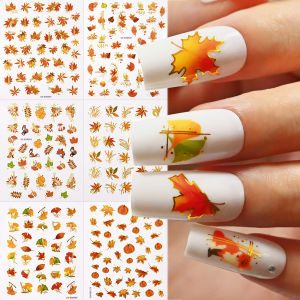 6Pcs 3D Thanksgiving Maple Leaf Pumpkin Nail Art Sticker Autumn Leaves Rice Ears Harvest Nails Decor Adhesive Halloween Sliders
