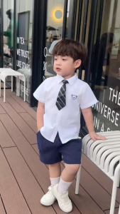 BE1 Set bộ 3 chi tiết BERNIE áo sơ mi cộc tay quần đùi cà vạt phong cách Hàn Quốc cho bé trai từ 9-22kg diện đi chơi đi học tiệc tùng sự kiện