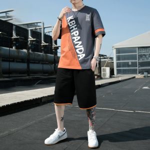 ROMON | Lormen Mens Casual Sports Set Summer Thin Youth Handsome Print Short Sleeve T-Shirt Pure Cotton Two-Piece Trendy Fashion