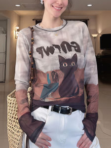 Womens Long Sleeve T-Shirt Mesh Cartoon Print Thin Loose Casual Inner Wear Base Shirt Top Comfortable Breathable Polyester