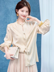 Champagne Color Long Sleeve Silk Shirt Womens Fashion New Chinese Style National Trend Wooden Edge Ear High-End Feeling True Silk Top