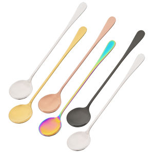 6pcs Stainless Steel Long Handled Spoon Set Shiny Stirring Coffee Dessert Spoon Suitable for Milk Tea Juice Milkshakes Ice Cream