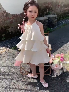 PRINCESS KESLI ชุดเดรสแขนกุด คอกลม แต่งระบาย แต่งระบาย หลายชั้น สีเบจ สไตล์เจ้าหญิง สําหรับเด็กผู้หญิง 2-9 ปี