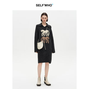 Wool Blend Horse Patterned Dress Gray Turn-down Collar Drop Shoulder
