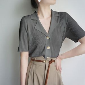 HUOLISI | Stylish Unique Loose Thin Ice Silk Knit Polo Collar Short Sleeve Blouse