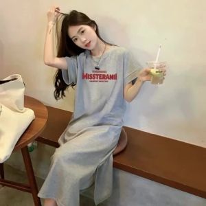 Women Letter Print Long T Shirt Dress Oversized Split Casual Loose Maxi Tee Dress Summer Daily Soft Cotton Short Sleeve Dress