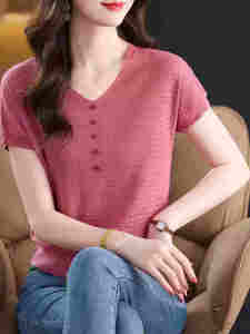 Summer Thin Ice Silk Knitted Blue T-Shirt Womens New Design Sensation Ultra Beautiful Top V-Neck Short Sleeve Korean Style