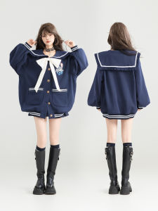 เสื้อแจ็คเก็ตคอปกนักศึกษา KEIKO ทรงหลวม แขนยาว ปกคอสีน้ำเงิน ปิดด้วยกระดุม ผ้าฝ้ายผสมโพลีเอสเตอร์ ฤดูใบไม้ร่วง 2025