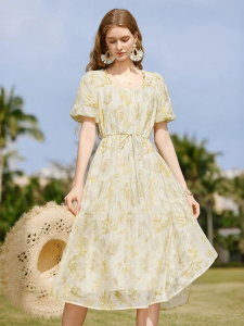 XIANGYING | Floral Yellow A-Line Squared Neck Elegant Dress