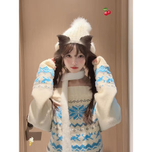 Christmas Shoulder-Bow Long-Sleeve Knitted Sweater Womens Autumn Winter Lazy Style High-End Feeling Long Sleeve Knitwear Top