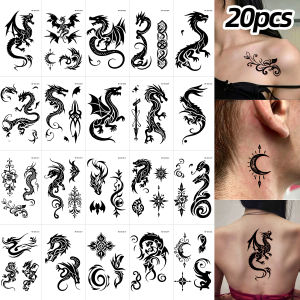 20Pcs Black Ink Dragon Temporary Tattoo Stickers Vintage Vine Crescent Tribal Fake Tattoos Gothic Style Body Skin Decor Supply