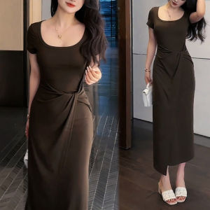Elegant Cotton Ribbed High Waist Short Sleeve Knot Neckline Dress Spring Summer New Coffee Color Elasticity A-Line Skirt