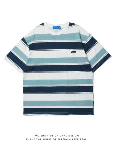 เสื้อยืดคู่รักแขนสั้นผู้ชายผู้หญิงหลวมๆ สไตล์ญี่ปุ่น ลายทาง เสื้อยืดคู่รักแฟชั่นฤดูร้อน