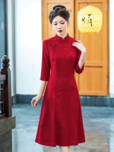 Red New Chinese Style Young Girl Short Size Wedding Dress Evening Gown Retro Style Warm Seven Sleeve Midi Skirt Daily Wear