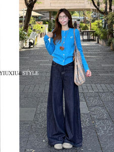 Retro Deep Blue Wide Leg Denim Jeans Womens High Waist Straight Loose Floor-Length Pants Autumn 2025 New Style Spicy Girl
