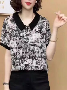 Loose Short Sleeve Mom T-Shirt Printed Casual Style for Middle-Aged Women Summer New Fashion Turn-down Collar Sweat-wicking