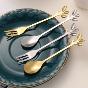 ช้อนส้อมสเตนเลส ขนาดเล็ก ลายใบไม้น่ารัก สร้างสรรค์ สีทอง สําหรับตักกาแฟ เค้ก ขนมหวาน ผลไม้