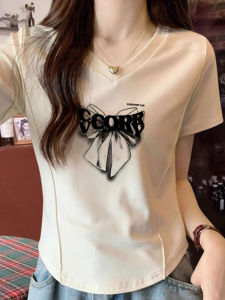 เสื้อยืดคอกลมแขนสั้นผ้าฝ้ายแท้สำหรับผู้หญิง ฤดูร้อน 2025 เสื้อตัวบนทรงเข้ารูปเข้ารูปสไตล์สตรีทแฟชั่น เสื้อผ้าทำงานลำลอง