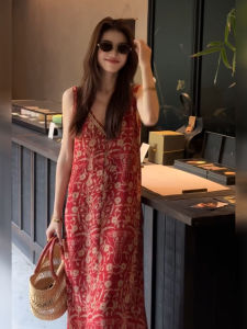 DANTING | Retro Style Red Floral Print Womens Dress V-Neck Off-Shoulder Slimming Holiday Maxi