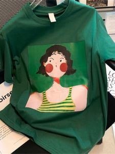 Summer Cartoon Print Loose Fit Cotton T-Shirt Womens Short Sleeve Casual Top Korean Style round Neck Pure Cotton Tee