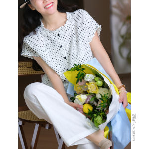 Breathable Rayon Linen Blend Polka Dot Cuff T-Shirt