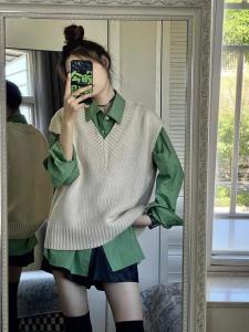 ชุดเสื้อเชิ้ตแขนยาวถักหลวมๆ สองชิ้นสไตล์ญี่ปุ่นสำหรับผู้หญิงในฤดูใบไม้ผลิและฤดูใบไม้ร่วง ชุดแฟชั่นสีเขียว