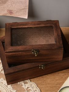 กล่องเก็บเครื่องสำอางแก้วทรงดอกกุหลาบไม้สไตล์ย้อนยุค กล่องเก็บของบนโต๊ะแบบพับได้ระดับไฮเอนด์ กล่องใส่เครื่องประดับ