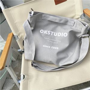 OK Original Niche Design Idle Style Crossbody Canvas Bag Light Gray Boys and Girls Single-Shoulder Bag Large Capacity Schoolbag