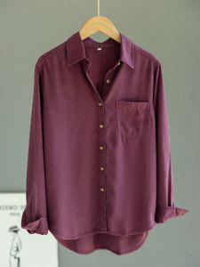 ระดับไฮเอนด์ ผู้หญิง สีม่วง สีแดง ผ้าไหม เดนิม เสื้อเชิ้ตแขนยาว เดรปวินเทจ เสื้อท่อนบน เสื้อเบส ฤดูใบไม้ร่วง ท่อตรง สไตล์การเดินทาง ปกโปโล ความยาวปกติ