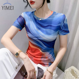 YIMEI 2023 Summer Fashion Mesh Top Print Positioning Flower Short Sleeve T-shirt Round Neck Slim Fit Slim and Fashionable Top