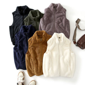 Thickened Fleece Woolen Vest for Men Winter Casual Stand Collar Long Sleeve Warm Comfortable Zippered Open Front Coat